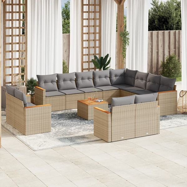 vidaXL 13-teilig Garten-Sofagarnitur mit Kissen Beige Poly Rattan, 3258923