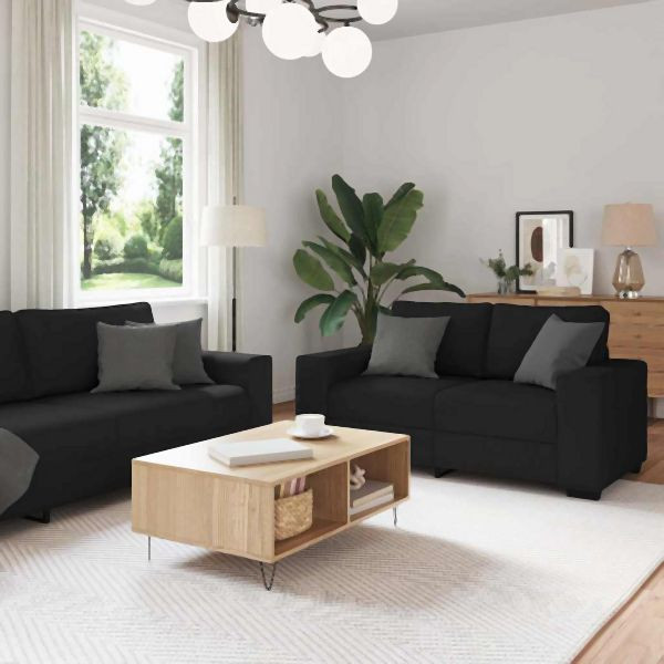 vidaXL 3-teilig Sofagarnitur mit Kissen Schwarz Stoff, 3324651