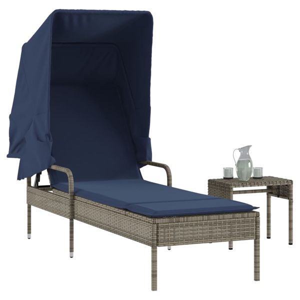vidaXL Sonnenliege mit Sonnendach und Tisch Grau Polyrattan, 368204