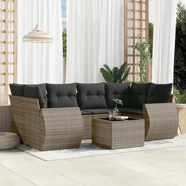 vidaXL 7-tlg. Garten-Sofagarnitur mit Kissen Grau Poly Rattan, UV-beständig, 3221119