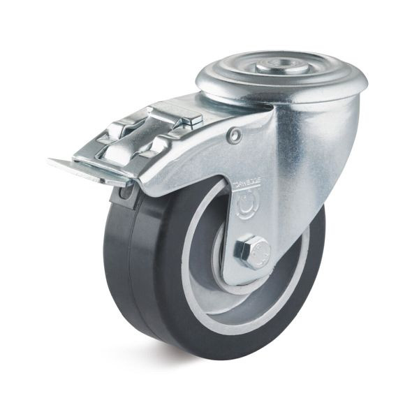 Torwegge Elastik-Vollgummi Lenkrolle mit Doppelstopp, Tragfähigkeit 180 kg, Rad-Ø 100 mm, Radbreite 40 mm, Ausladung 36 mm, 0029699