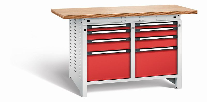 Otto Kind Werkbank Serie function Typ 216, Multiplexplatte 40 mm, überstehend, 2x Unterbau + Zentralverschluss, Gehäuse RAL 7035, Front RAL 3000, 072346234