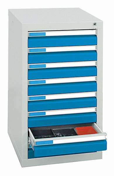 stumpf Schubladenschrank, Breite 50 cm, 100 % Teleskopauszüge, 75 kg / Schublade, Alu-Griffleisten, 8 Schubladen, lichtgrau / lichtblau, 7601178