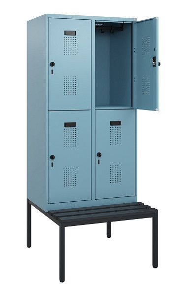 C+P Doppelstöckiger Spind Evolo PLUS, Bank, 4 Fächer, 1950x800x815mm, 0010/0010, Drehriegel, Sitzfläche Kunststoff, Sitzbank, 0493505-22 S10123
