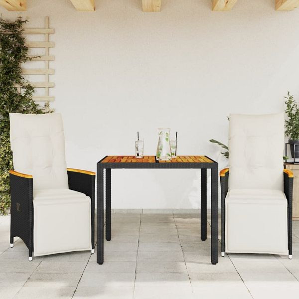 vidaXL 3-tlg. Garten-Bistro-Set mit Kissen Schwarz Poly Rattan, 3276959