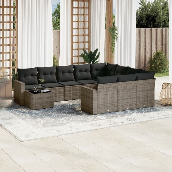 vidaXL 11-teilig Garten-Sofagarnitur mit Kissen Grau Poly Rattan, 3251867