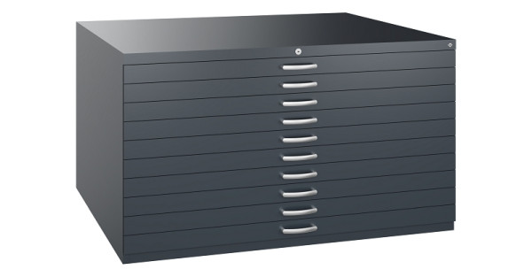 C+P Flachablageschrank Serie 7100_7200, H760xB1350xT960mm, 7016/7016, 10 Schubladenblenden doppelwandig, 7201-000 S10554