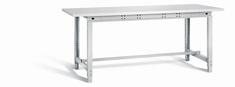 Otto Kind Werktisch allrounder, höhenverstellbar von 720-958 mm, Melamin-Platte, überstehend, 2 Fußgestelle, 2004 mm Breite, komplett RAL 7035, 072396017