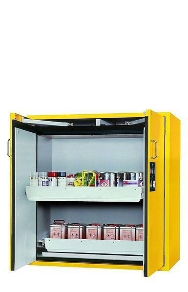 asecos Sicherheitsschrank S-CLASSIC-90, S90.129.120.WDAS in sicherheitsgelb RAL 1004 mit 2x Auszugswanne Standard (Stahlblech), 30122-002-30167