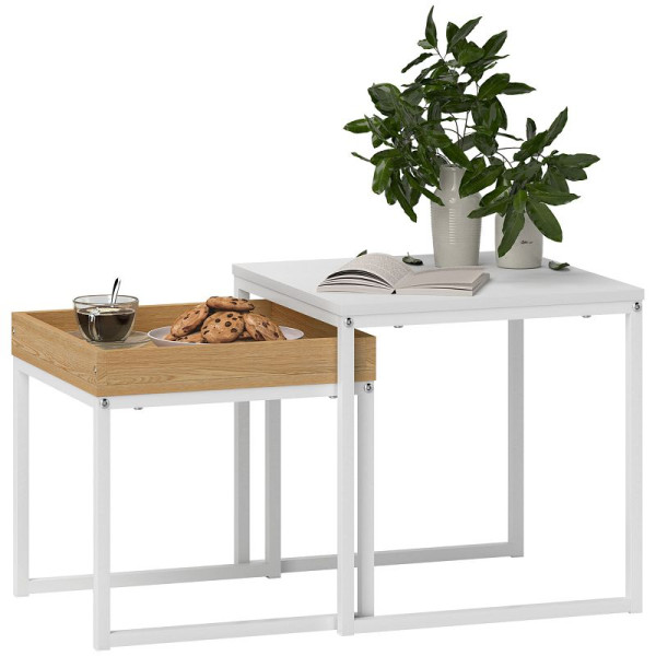 HOMCOM Moderner Couchtisch, 2er-Set Sofatisch, für kleine Räume, Quadratisch, MDF, Metall, Weiß, 83B-121V00WT