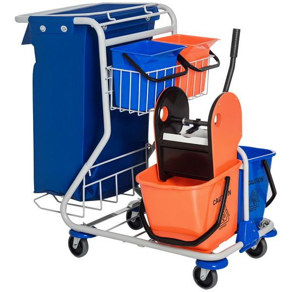 HOMCOM Putzwagen Reinigungswagen mit 2 x 18L & 2 x 6L Eimern Wischwagen mit Mopp-Presse, Aufbewahrungskorb, Blau Orange 93 x 80 x 97 cm, 720-007
