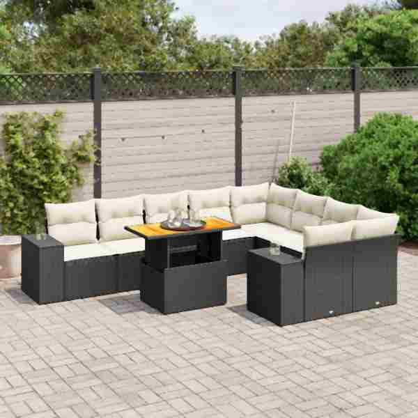 vidaXL 10-tlg. Garten-Sofagarnitur mit Kissen Schwarz Poly Rattan, UV-beständig, 3272792