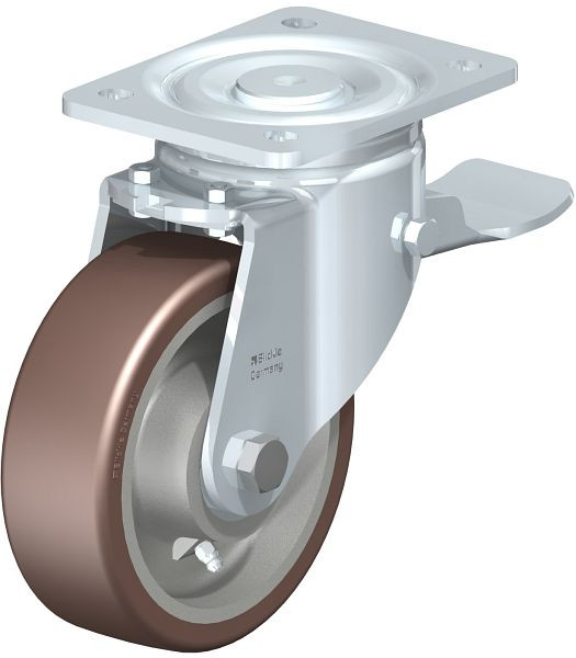 Blickle LH-GB 150K-ST Stahlblech-Lenkrolle, Schwerlast-Ausführung, mit Anschraubplatte & Feststeller, Blickle Besthane®, Braun, 742158