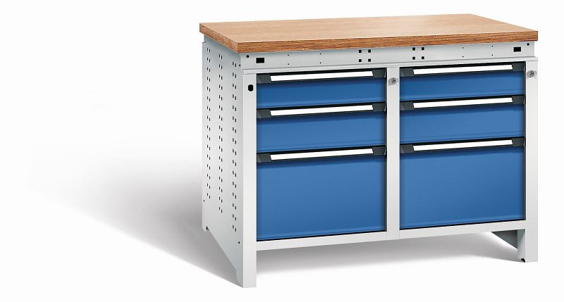 Otto Kind Werkbank Serie function Typ 215, Multiplexplatte 40 mm, bündig, 2x Unterbau + Zentralverschluss, Gehäuse RAL 7035, Front RAL 5010, 072345186