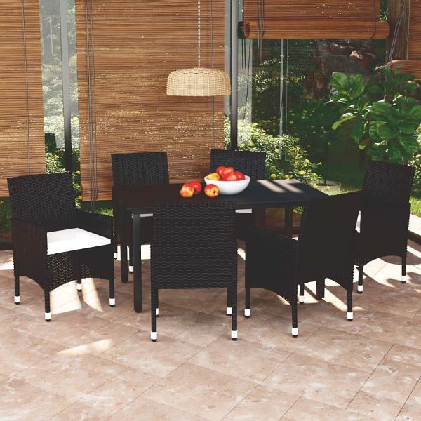 vidaXL 7-teilig Garten-Essgruppe mit Kissen Poly Rattan Schwarz, 3094976