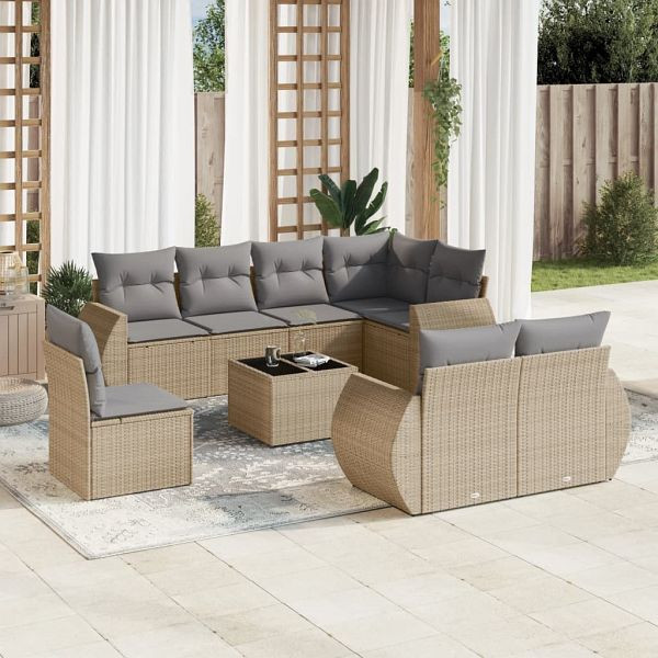 vidaXL 9-teilig Garten-Sofagarnitur mit Kissen Beige Poly Rattan, 3253986