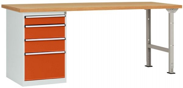Manuflex Werkbanksystem COMBI Modell 5 mit massiver Bucheplatte, BxTxH = 2000 x 700 x 840 mm, Rotorange, WC5111.2001