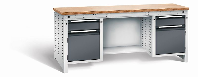 Otto Kind Werkbank Serie function Typ 305, Multiplexplatte 40 mm, bündig, 2x Unterbau + mittleres Feld, Gehäuse RAL 7035, Front RAL 7016, 072360149