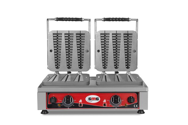 GMG Waffeleisen Waffelino, 6x (23 x 6 x 2,4cm), 50° bis 300°C feste Backplatte aus Gusseisen, umlaufende Fettfangrinne, Gehäuse Edelstahl, KGW-23