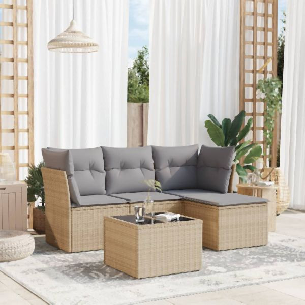 vidaXL 5-tlg. Garten-Sofagarnitur mit Kissen Beige Poly Rattan, 3249388