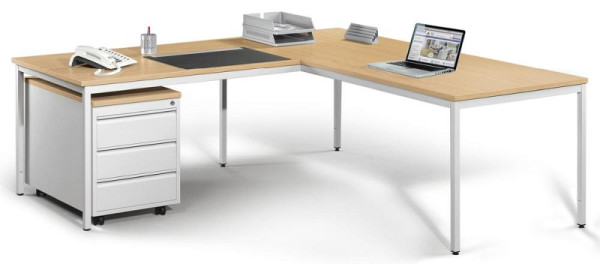 Deskin Winkelkombination BASE L, Topplatte Buchedekor, 1 Rollcontainer mit 3 Schüben, inkl. Höhenausgleichsschrauben, bis zu +10 mm verstellbar, 274400