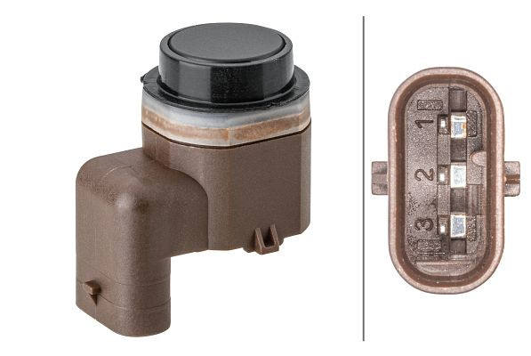 HELLA Sensor, Einparkhilfe, gewinkelt, 3-polig, gesteckt, überlackierbar, mit Befestigungsring, 6PX 358 141-821