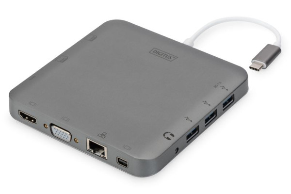 DIGITUS Universal Docking Station, USB-C, 11 Ports, grau, 3x Video, 1x USB-C, 3x USB3.0, RJ45, 2x Kartenleser, 12 x 12 x 1,7 cm, DA-70876