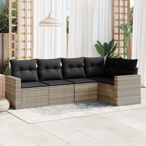 vidaXL 5-tlg. Garten-Sofagarnitur mit Kissen Hellgrau Poly Rattan, 3218922