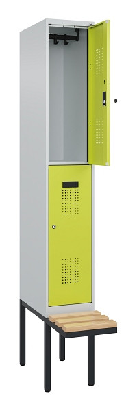 C+P Doppelstock-Spind Evolo PLUS, Bank, 2 Fächer, 2120x300x815mm, 7035/0024, Zylinderschloss, Sitzfläche Buche-Hartholz, 0493407-10 S10042