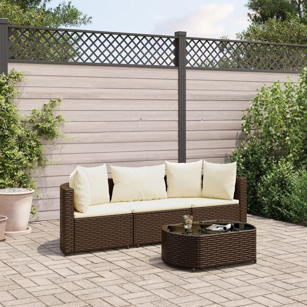 vidaXL 4-teilig Garten-Sofagarnitur mit Kissen Braun Poly Rattan, 3308361