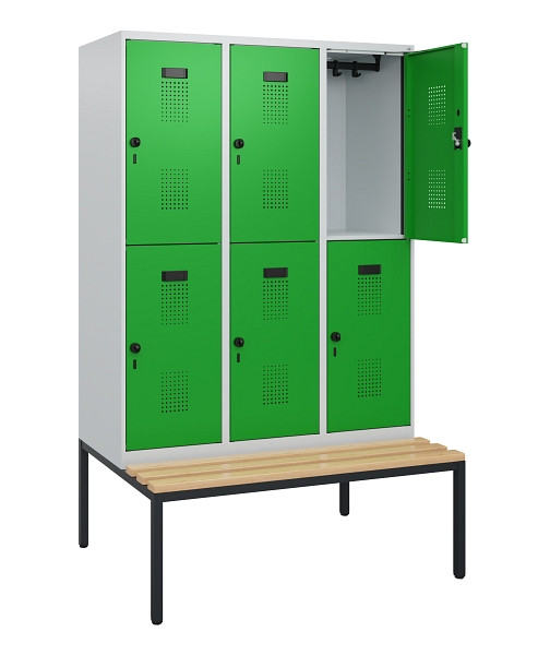 C+P Doppelstöckiger Spind Evolo PLUS, Bank, 6 Fächer, 1950x1200x815mm, 7035/6037, Drehriegel, Sitzfläche Buche-Hartholz, Sitzbank, 0493505-32 S10011