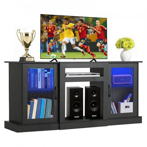 VEVOR TV-Ständer bis 65 Zoll, Holz, mit Licht, Türen & verstellbaren Regalen, schwarz, BLDSJ58INCHY225CM001V9