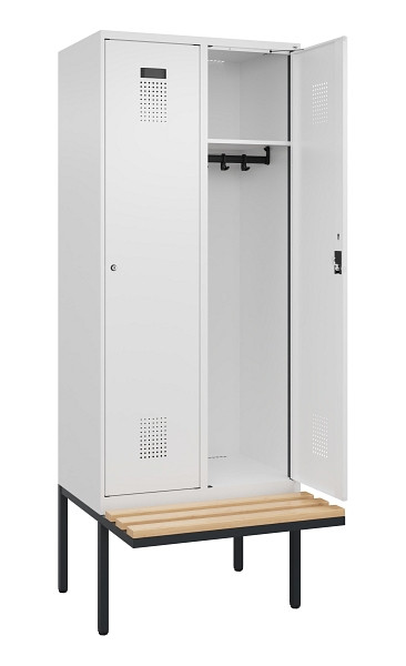 C+P Spind Evolo PLUS, 2 Abteile, 2120x800x815mm, 9016/9016, Haken 4, Zylinderschloss, Sitzfläche Holz, 0490407-22 S10047