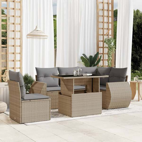 vidaXL 6-tlg. Garten-Sofagarnitur mit Kissen Beige Poly Rattan, UV-beständig, 3268539