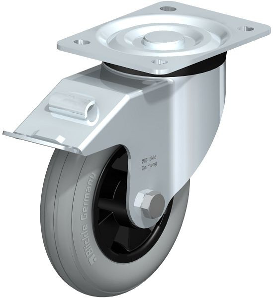 Blickle L-VWPP 160R-FI-SG Stahlblech-Lenkrolle, mittelschwere Ausführung, mit Anschraubplatte & Feststeller, Weichgummi, Grau, 849942