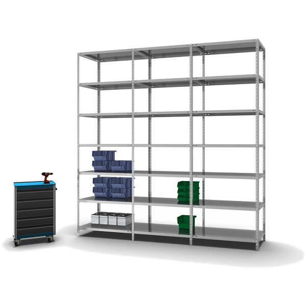 hofe Fachboden-Grundregal, 3000x600x1000 mm, 7 Fachebenen, verzinkt, 125 kg Fachlast, 875 kg Feldlast, zweiseitige Bedienung, WZG30610L