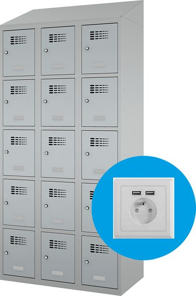 Eurobox Garderobenspind, 3 Abteile 15 Fächer, mit Steckdose, 300 mm, 1200-030305