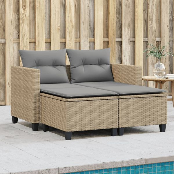 vidaXL Gartensofa 2-Sitzer mit Hockern Beige Poly Rattan, 365795