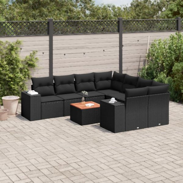 vidaXL 9-tlg. Garten-Sofagarnitur mit Kissen Schwarz Poly Rattan, 3257700