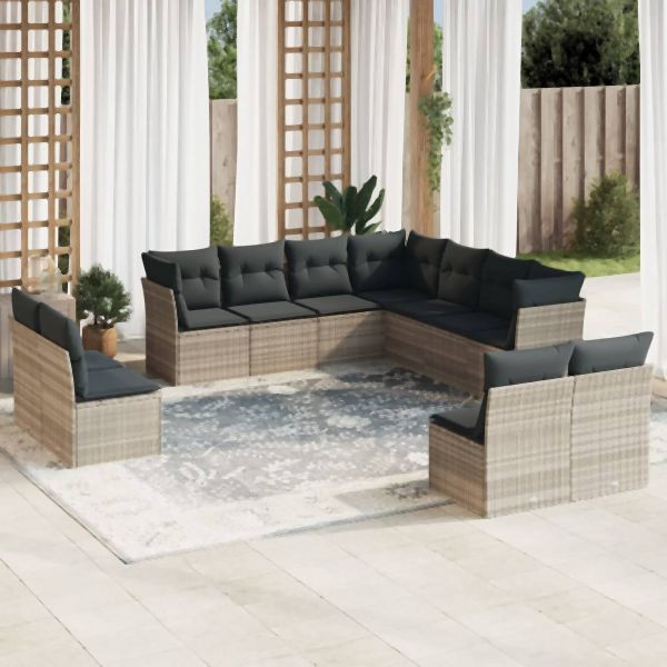 vidaXL 11-tlg. Garten-Sofagarnitur mit Kissen Hellgrau Poly Rattan, 3249661