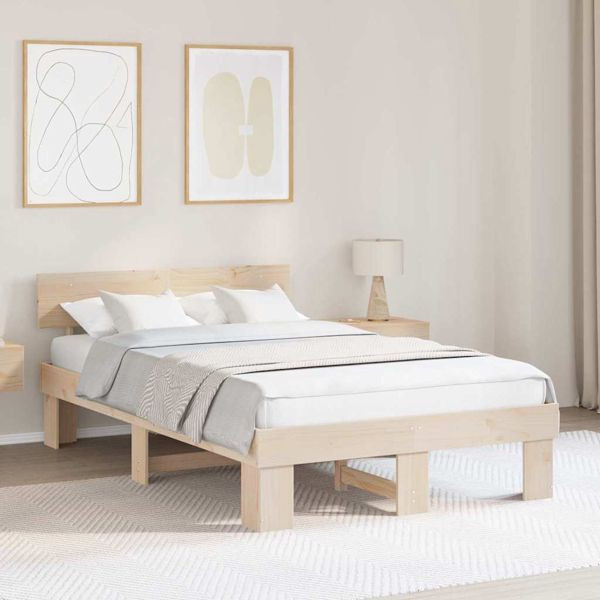 vidaXL Bettgestell mit Kopfteil Braun 135 x 190 cm Massivholz Kiefer, 872575