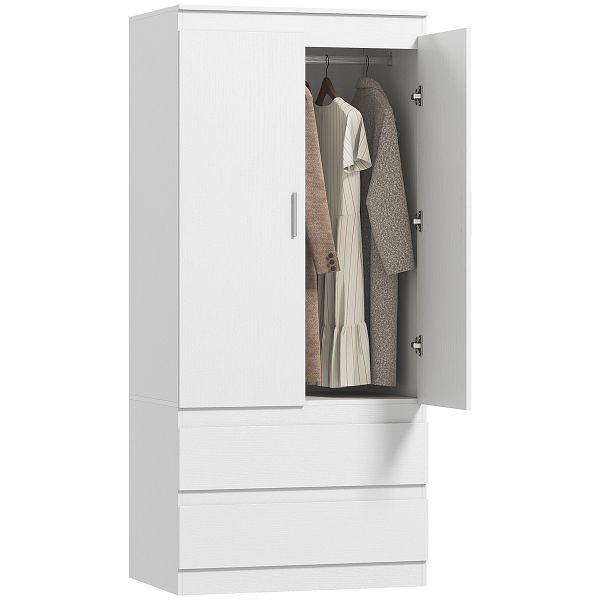 HOMCOM Kleiderschrank, Schlafzimmer-Garderobe mit 2 Türen, 2 Schubladen, 3 Fächer, Holz, Weiß, 83D-123V90WT