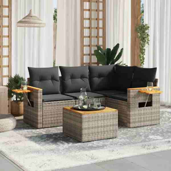vidaXL 5-tlg. Garten-Sofagarnitur mit Kissen Grau Poly Rattan, UV-beständig, 3259183