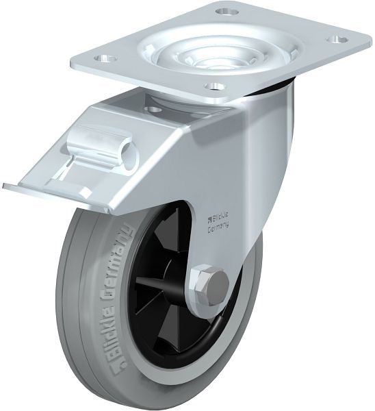 Blickle LE-VPP 150G-FI-SG Stahlblech-Lenkrolle mit Anschraubplatte & Feststeller, Vollgummi, Grau, 660738