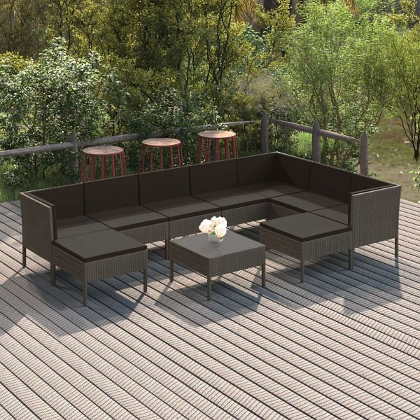 vidaXL 10-teilig Garten-Lounge-Set mit Auflagen Poly Rattan Grau, 3094438