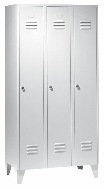 KLW Stahl-Kleiderschrank mit Füßen, 1850 x 900 x 500 mm H x B x T, 3 Abteile, 3 Hutablagen, 3 Kleiderstangen, mit jeweils 3 Kleiderhaken, 08/93-SA