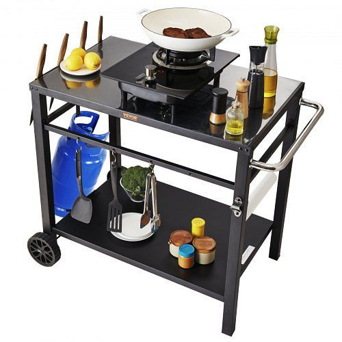 VEVOR Outdoor BBQ Servierwagen Doppelregal Mobiler Küchenwagen Zubereitung, JSHWBCTC85551FX8BV0