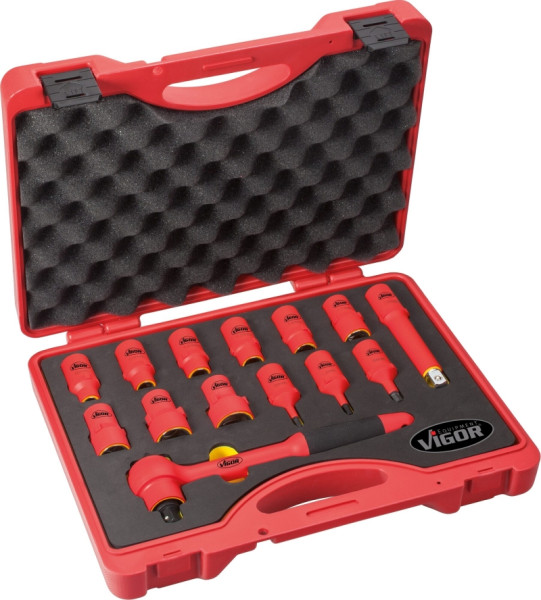 VIGOR VDE Steckschlüssel Satz, Vierkant hohl 12,5 mm (1/2 Zoll), Außen-Sechskant Profil, Innen-Sechskant Profil, 5 - 24, VDE isoliert bis 1000 V, V3343