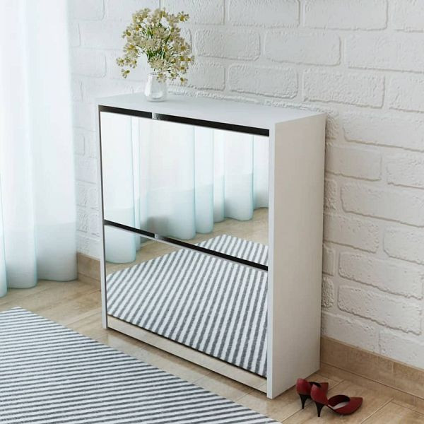 vidaXL Schuhschrank mit 2 Fächern Spiegel Weiß 63x17x67 cm, 243046