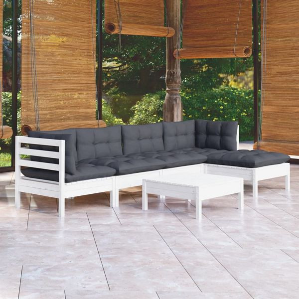 vidaXL 6-tlg. Garten-Lounge-Set mit Kissen Weiß Kiefernholz, 3096365